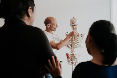 Arnaud Le Coz montre le fonctionnement du corps humain sur un squelette à des adultes durant une consultation d'ostéopathie.